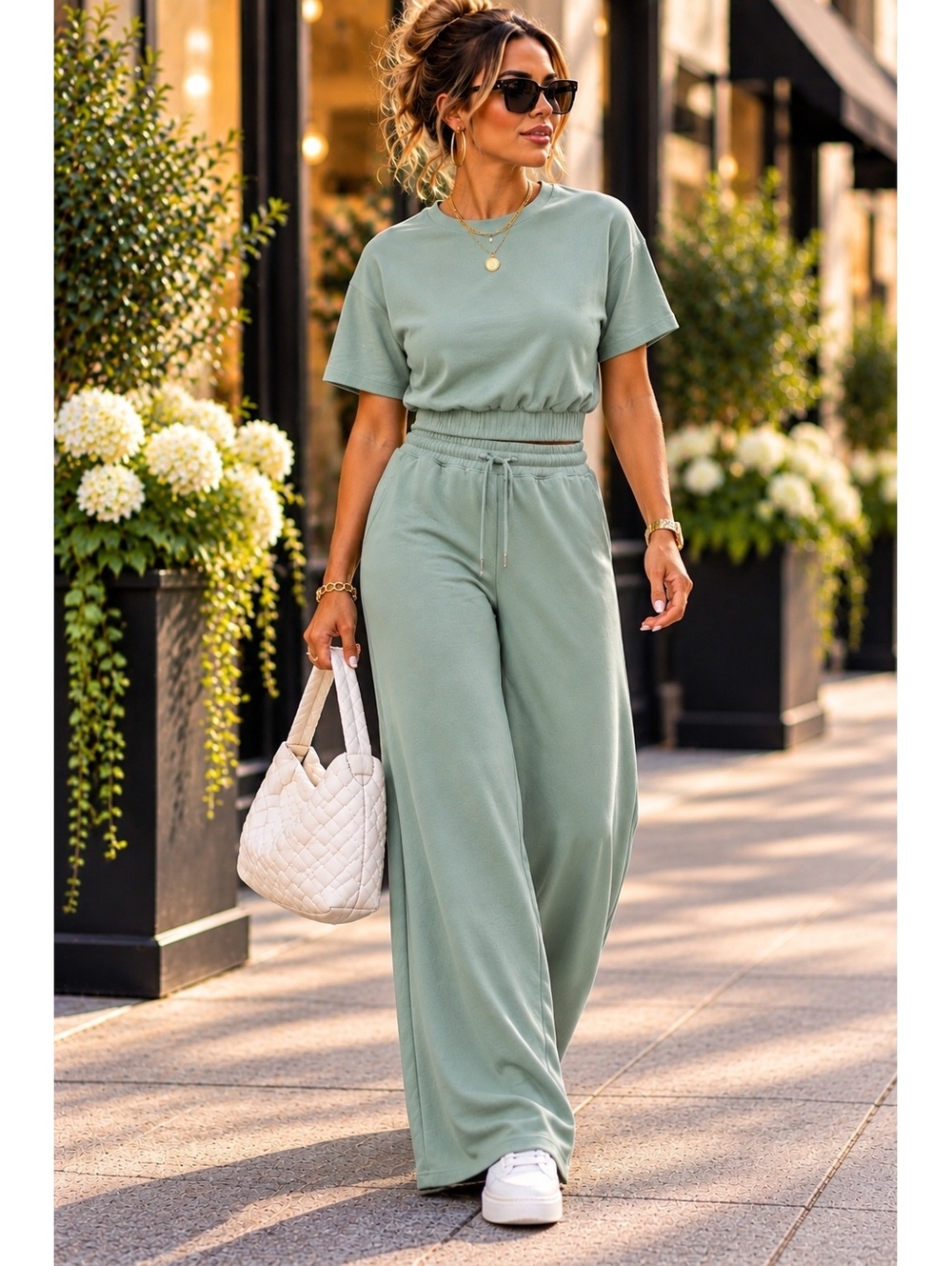 Yogalicious Casual Two-Piece Athleisure Lounge Set in Sage Green - XL